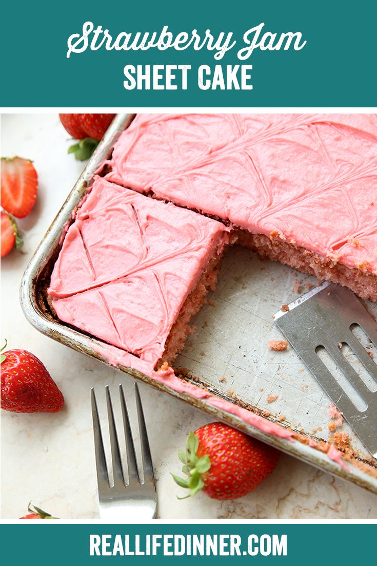 a strawberry jam sheet cake with a knife and fork