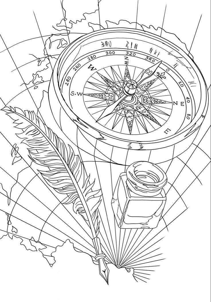 a drawing of a compass and some feathers on top of a map with the world in the background