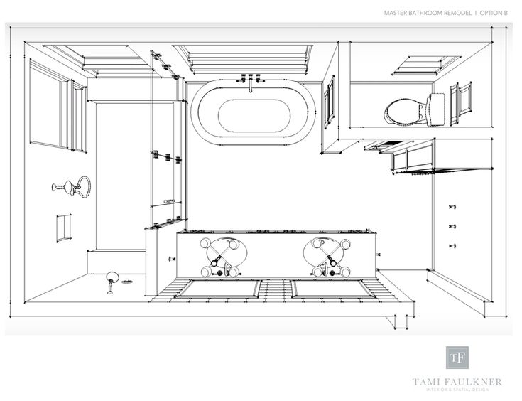 a drawing of a bathroom with two sinks and a toilet in the center, as well as an overhead shower head