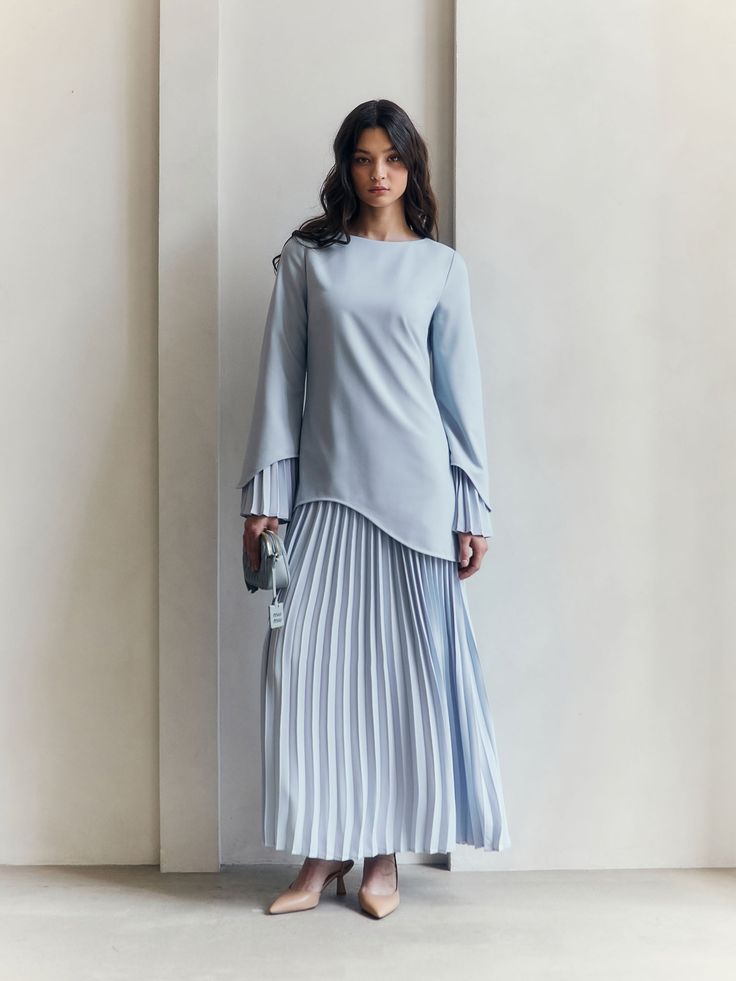 Maxi dress with pleated details :: LICHI - Online fashion store Elegant Long Sleeve Maxi Dress With Draped Sleeves, Modest Long Sleeve Maxi Dress For Formal Occasions, Modest Long Sleeve Maxi Dress For Formal Events, Modest Long Sleeve Maxi Dress For Evening, Modest Long Sleeve Evening Maxi Dress, Elegant Long Sleeve Pleated Dress, Modest Flowy Pleated Maxi Dress, Flowy Long Sleeve Maxi Dress With Pleated Sleeves, Long Sleeve Dress With Draped Sleeves