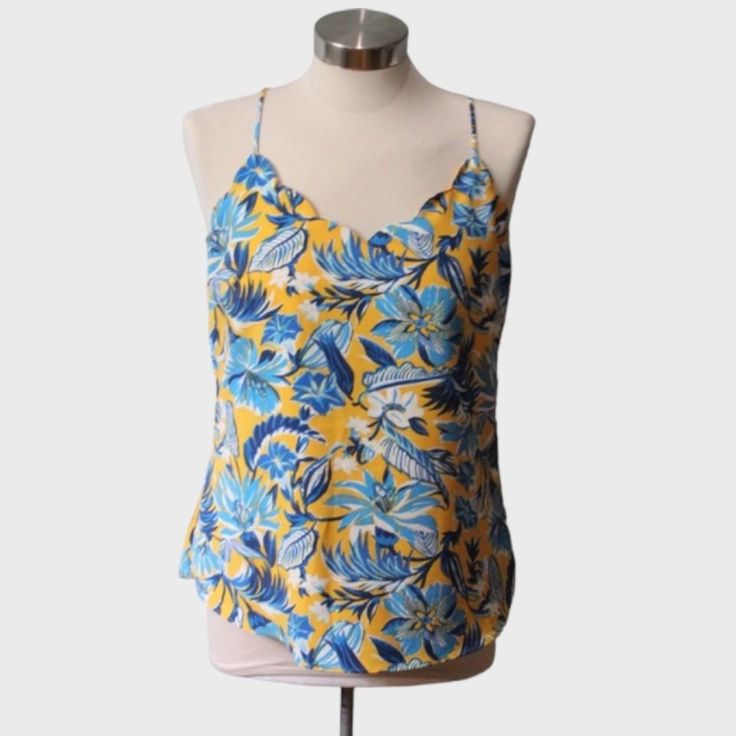 J. Crew - Floral Scalloped Cami - Size 4 Brand New Scalloped Chic Cami Is Brand New Without Tags And Never Worn. The Straps Are Fully Adjustable To Help The Halter Neck Styled Neckline Lay On Your Chest To Your Liking. Full Coverage Chest, With A Beautiful And Chic Outline All Over The Hemlines Of This Top. Blue And Yellow Floral Pattern Double Lined Size 4 Modern / Maximalism Design Feminine Flare Summer And Spring Blouse Dressy Tank Women’s Fashion Please Let Me Know If You Have Any Questions Fitted Yellow Casual Camisole, Yellow Spaghetti Strap Tank Top For Vacation, Yellow Camisole Top For Spring, Yellow Fitted Camisole For Spring, Fitted Yellow Camisole Top, Fitted Yellow Camisole For Spring, Yellow Tropical Print Tops For Summer, Yellow Cami Top For Vacation, Summer Yellow Tops With Tropical Print