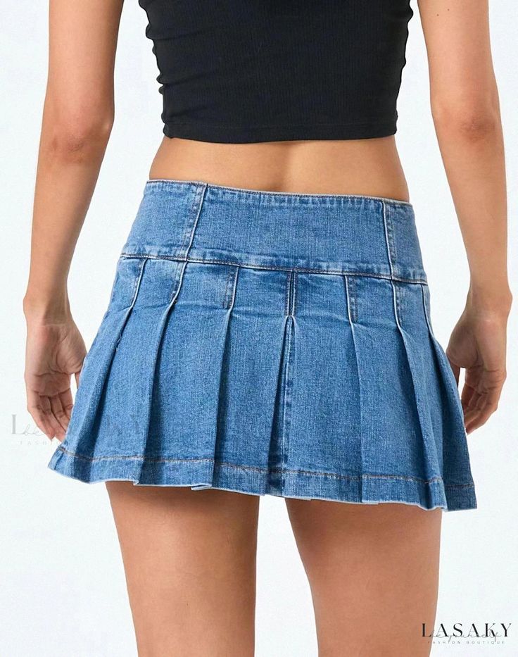 Lasaky - Flattering High-Waisted Denim Pleated Mini Skirt with a Slim Fit Trendy Fitted Medium Wash Skort, Trendy Fitted Denim Skirt, Trendy Fitted Dark Wash Skort, High Waist Medium Wash Cotton Skort, High Waist Dark Wash Skort For Spring, Spring High Waist Dark Wash Skort, Casual High Rise Fitted Skirt, Casual Mid-rise Fitted Skirt, Fitted Denim Skort For Spring