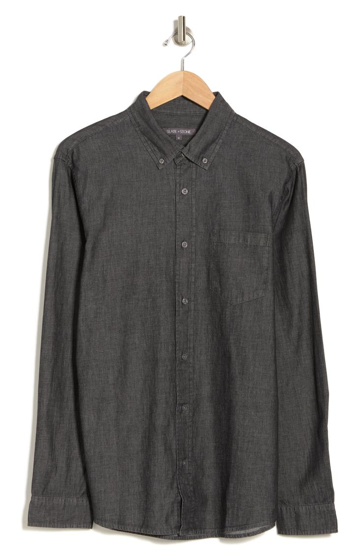 Refresh your essentials with this long-sleeve button-down shirt constructed from comfortable cotton chambray. Raised placket Point collar Long sleeves with button cuffs Chest patch pocket 100% cotton Machine wash, tumble dry Imported Model stats: 6'1" height, 32" waist. Model is wearing size Medium. Washed Black Cotton Shirt With Button Closure, Washed Black Cotton Button-up Shirt, Everyday Gray Button-up Shirt, Washed Black Long Sleeve Shirt With Relaxed Fit, Long Sleeve Washed Black Shirt With Button Closure, Washed Black Long Sleeve Shirt With Button Closure, Slate Stone, Chambray, Patch Pocket