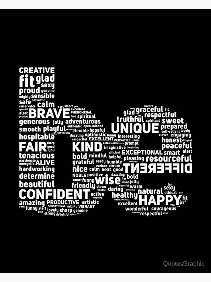 a black and white word cloud with the words brave, unique, fair, confident, happy