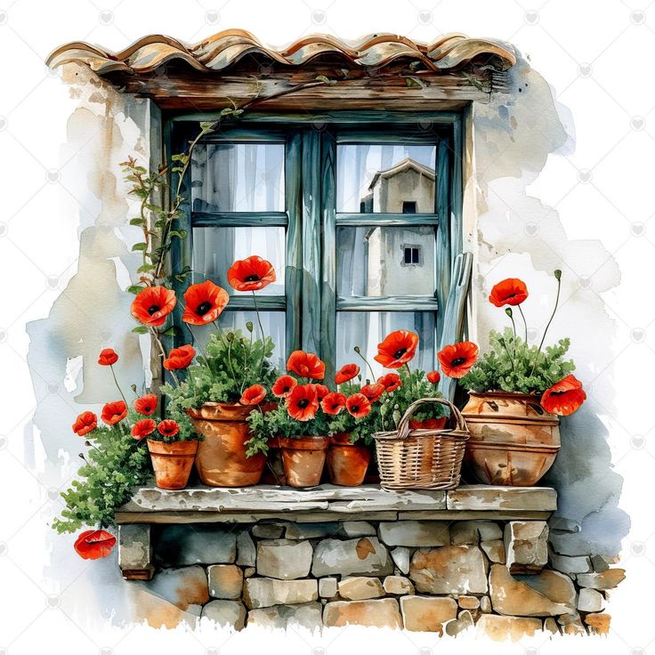 watercolor painting of red flowers on window sill with potted plants next to it