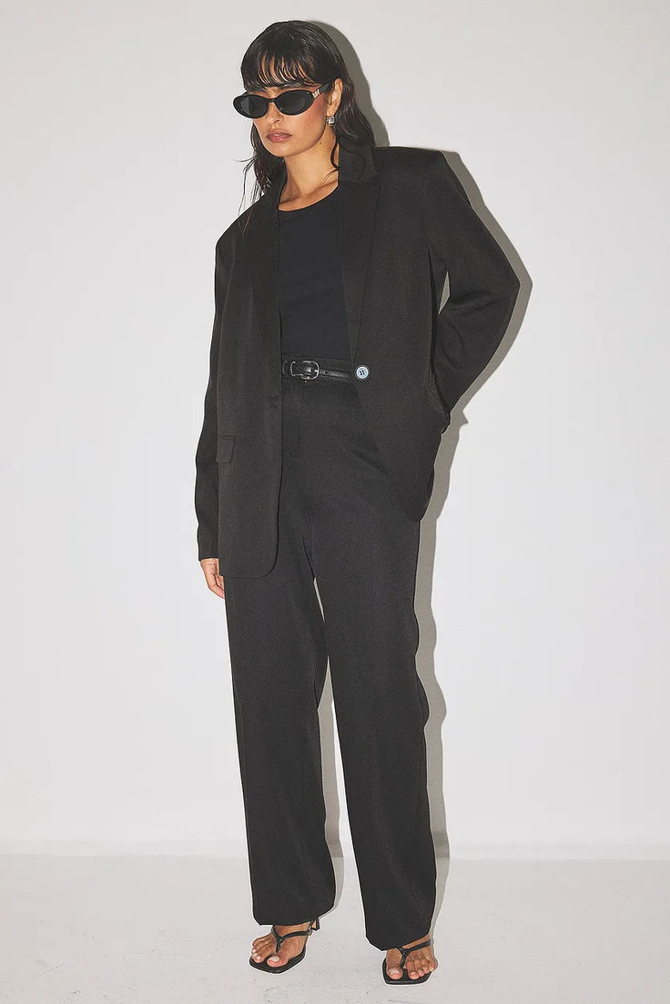 Basic Suit Pants High-waisted Pants With Hidden Button Closure For Work, Chic Straight Leg Workwear Blazer, Chic Straight Leg Blazer For Workwear, Straight Leg Bottoms With Hidden Button Closure For Workwear, Fall Workwear Wide Leg Pants With Straight Hem, Wide Leg Pants For Workwear With Straight Hem, Wide Leg Pants For Workwear, Fall Season, Solid Belted Wide Leg Pants For Work, Business Casual Pantsuit With Pressed Crease And Straight Hem