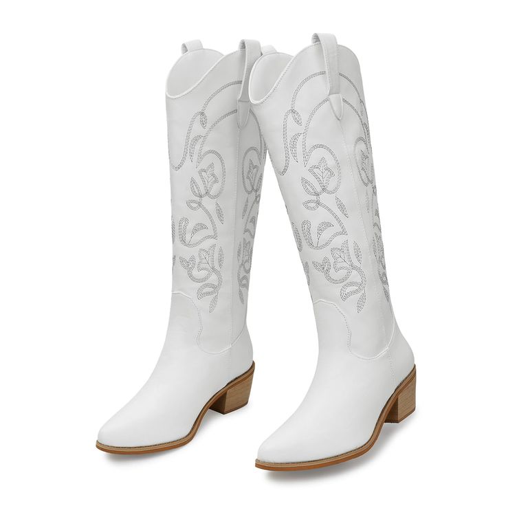 PRICES MAY VARY. 【Knee High Cowgirl Boots Women】These fashion women's embroidered western cowboy boots are made from faux leather. Cowgirl boots for women or ladies are sexy and comfortable. Traditional retro wooden chunky heel to provide stability and support. Botas mexicanas para mujer, botas vaqueras para mujer punta cuadrada, botas vaqueras negras para mujer, thigh high cowboy boots for women, extra wide calf cowgirl boots for women, knee high western boots, floral cowgirl boots. 【Western Bo White Cowboy Boots Woman, White Cowboy Boots Wide Calf, What To Wear With White Cowboy Boots Women, White Cowgirl Boots Cheap, White High Cowboy Boots, White Weatern Boots, White Knee High Cowboy Boots, Light Brown Cowgirl Boots, Thigh High Cowboy Boots