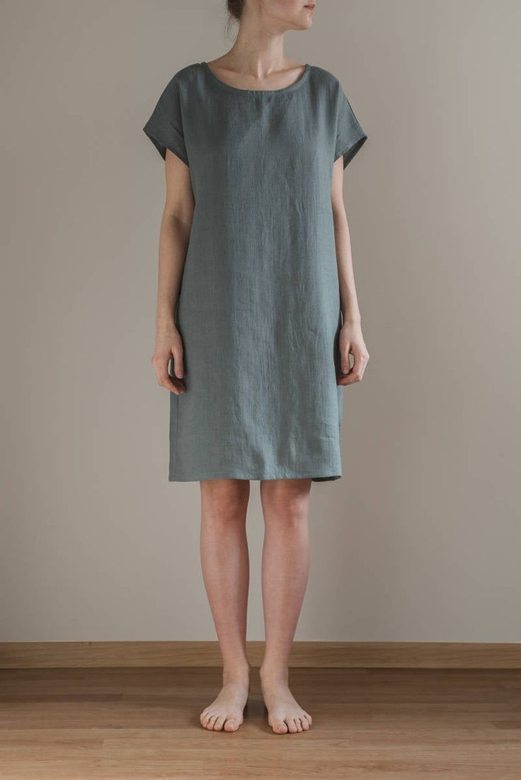 "Linen knee length nightgown in greenish grey with boat neckline and short sleeves. - length is ± 98 cm (38.6\") (depends on size) - short dolman sleeves - boat neckline - without pockets DETAILS: - 100 % European, pre-washed medium weight linen (205 g/m²) - the model is 170 cm (5′7″) high, wearing size M. - color in the picture - greenish grey (you can choose other color on the right) MADE TO ORDER: All pieces are made to order, it will take up to 10 work days to complete your order. If you nee Gray Shift Dresses For Summer, Casual Summer Midi Sleep Dress, Gray Short Sleeve Dress For Beach, Gray Short Sleeve Beach Dress, Casual Knee-length Sleep Dress, Summer Knee-length Sleep Dress, Spring Linen Sleep Dress, Gray Loungewear Dress For Summer, Gray Summer Loungewear Dress