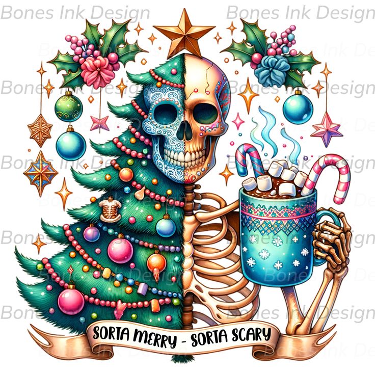 a skeleton holding a cup of coffee next to a christmas tree with decorations on it