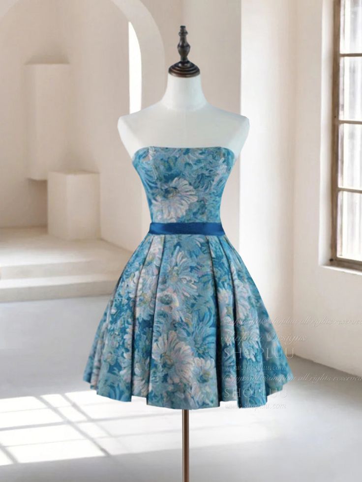 Light Blue A-line Homecoming Dress, Light Blue A-line Bridesmaid Dress, Blue A-line Dress For Prom, Blue A-line Mini Dress For Wedding, Blue Homecoming Dress With Fitted Bodice, Blue Floral Print Evening Dress For Wedding, Homecoming Dresses With Floral Print And Fitted Bodice, Blue Knee-length Wedding Mini Dress, Light Blue Fitted A-line Evening Dress