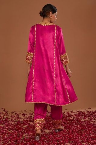 Royal cerise silk anarkali with gota, sequins and pearls hand embroidery. Comes with salwar and an organza dupatta. - Aza Fashions Festive Raw Silk Anarkali Set With Dori Work, Navratri Tissue Silk Kurta With Dabka Work, Festive Anarkali Set With Dori Work In Raw Silk, Festive Anarkali Traditional Wear With Mirror Work, Festive Navratri Chinon Anarkali Set, Silk Churidar With Gota Work For Eid, Bollywood Style Tissue Silk Kurta For Diwali, Luxury Anarkali Tissue Silk Traditional Wear For Festive, Festive Chinon Anarkali Set For Navratri