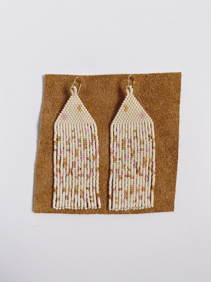 Handwoven Seed Bead Earrings Handmade Jewelry Statement | Etsy Artisan White Earrings With Beaded Fringe, White Beaded Fringe Jewelry For Crafting, Artisan Beaded Fringe Earrings As Gift, Artisan Beaded Fringe Earrings For Gifts, Artisan White Fringe Jewelry, Artisan Handwoven Beaded Dangle Earrings, Native Designs, Kraft Packaging, Stitch Earrings