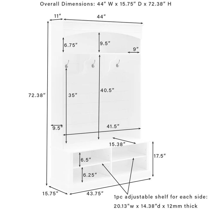 an image of a closet with measurements for the door and shelves on each side in white