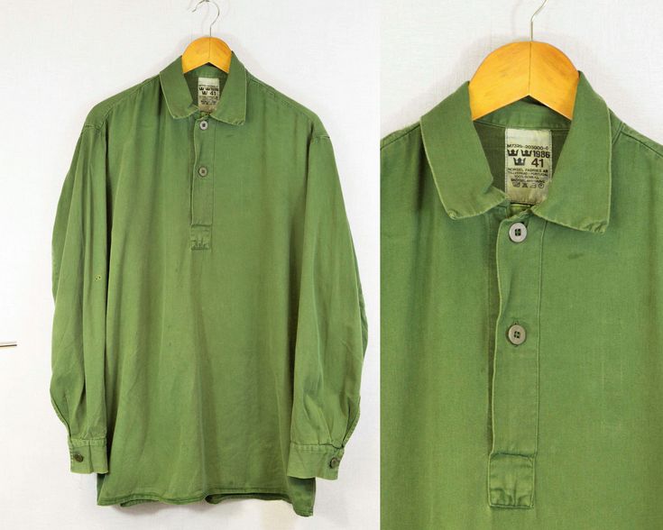 "True vintage Swedish military smock tops from the 1960s-80s, made from a soft cotton with grandad style button down neckline, button cuffs and curved hem. We only have a very small batch of these with no chance of re stock right now, so quantities are limited. - Soft worn in cotton - Loose, comfy fit - Dip hem design - True vintage from the Swedish army - Fabric is 100% cotton SIZING XS - fits chest 34\" Small - fits chest 36\", Medium - fits chest 38\"-40\", Large - fits chest 42\"-44\" XL - f Cotton Khaki Tops For Daywear, Vintage Cotton Tops With Placket, Military Style Collared Cotton Top, Vintage Tops With Button Cuffs For Daywear, Military Style Tops With Buttons For Fall, Vintage Long Sleeve Top With Placket, Spring Military Style Tops With Buttons, Smock Tops, Vintage Henley