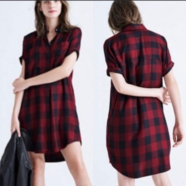 Richly Colored Plaid Brings Timeless Appeal To A Button Front Shirt Dress With A Loose Silhouette, Crisp Spread Collar And Handy Front Pockets. Hidden Front-Button Placket, Short Sleeves, Front Slant Pockets, Chest Patch Pockets, Oversized. 100% Viscose Color: Black And Red Size Xs Approximate Measurements: Pit To Pit 21” Length 36” New With Tag/ No Flaws Pet/ Smoke Free Home Offers Welcome Preppy Plaid Chic Effortless Edgy Streetwear Stylish Casual Red Shirt Dress, Red Button-up Shirt Dress Casual, Casual Red Shirt Dress For Daywear, Red Button-up Casual Shirt Dress, Plaid Short Sleeve Shirt Dress For Daywear, Red Casual Knee-length Shirt Dress, Casual Red Knee-length Shirt Dress, Casual Plaid Short Sleeve Shirt Dress, Casual Red Shirt Dress With Buttons