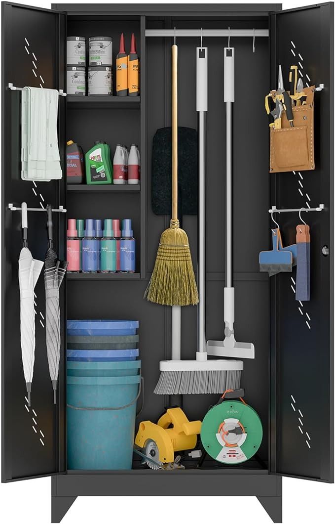 an open storage cabinet with cleaning supplies and brooms on the shelf next to it