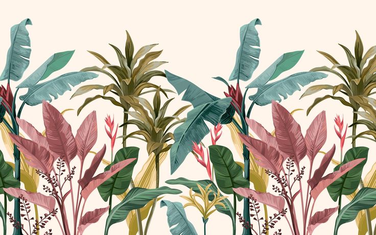 an illustration of tropical plants and leaves in pink, green, yellow and blue colors