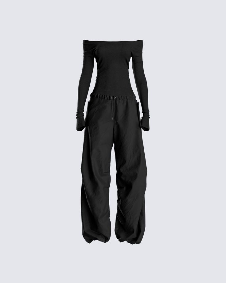 Turn an everyday look into something they will all be eyeing in this set 🖤 Pair the perfect black off-shoulder top with our black parachute pants for the perfect monochromatic look 😍 Acubi Off Shoulder, Acubi Parachute Pants, All Black Pants Outfit, How To Style Parachute Pants Black, Outfits With Black Parachute Pants, Edgy Black Parachute Pants, How To Style Off Shoulder Top, Chic Black Parachute Pants For Fall, Versatile Black Parachute Pants For Spring