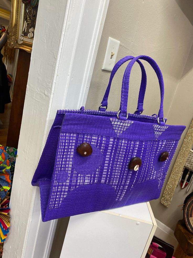 Handmade recycled plastic purple handbag with durable  handle, large sized great for overnight travel, picnics, shopping, or just plan carry it out... fun colors too Large Capacity Square Purple Shoulder Bag, Purple Large Capacity Square Shoulder Bag, Purple Square Shoulder Bag With Large Capacity, Purple Square Shopping Bag, Large Capacity Purple Bag For Beach, Large Capacity Purple Bag For The Beach, Purple Large Capacity Bag For The Beach, Large Capacity Purple Beach Bag, Large Capacity Purple Rectangular Bag