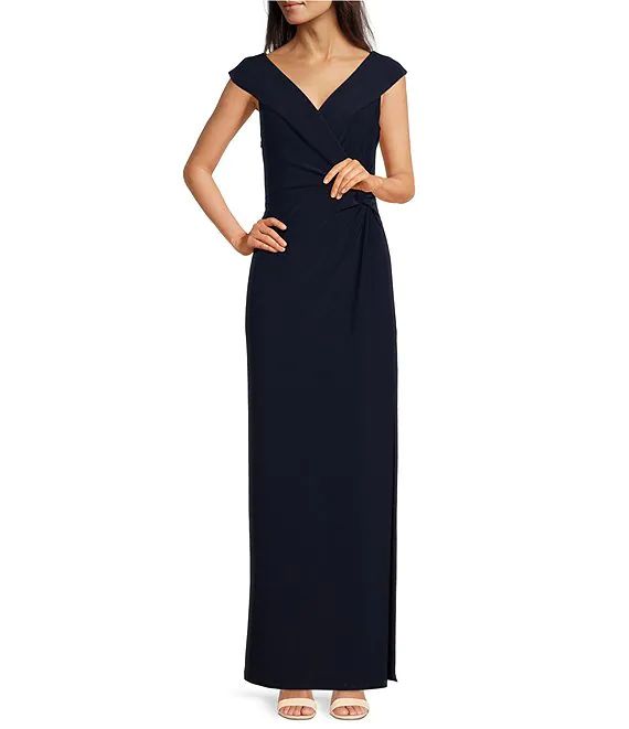 Lauren Ralph Lauren Portrait Collar Cap Sleeve A-Line Crepe Gown | Dillard's Formal Sheath Dress, Elegant Full-length Evening Dress With Ruched Bodice, Formal Full-length Evening Dress With Ruched Bodice, Formal V-neck Gown With Fitted Bodice, Formal Gown With Fitted Bodice And V-neck, Classic Floor-length Formal Dress, Elegant Full-length Dress With Ruched Bodice, Classic V-neck Dresses For Gala, Formal Fitted Gown With Pleated Back