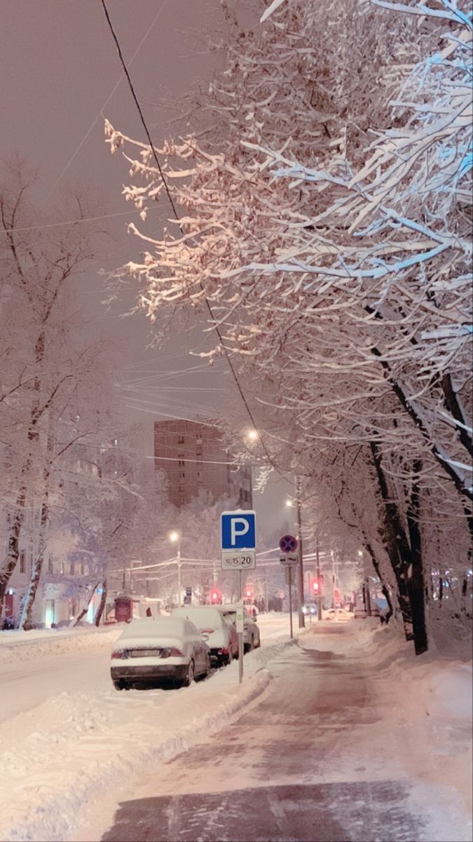 cars parked on the side of a snowy road