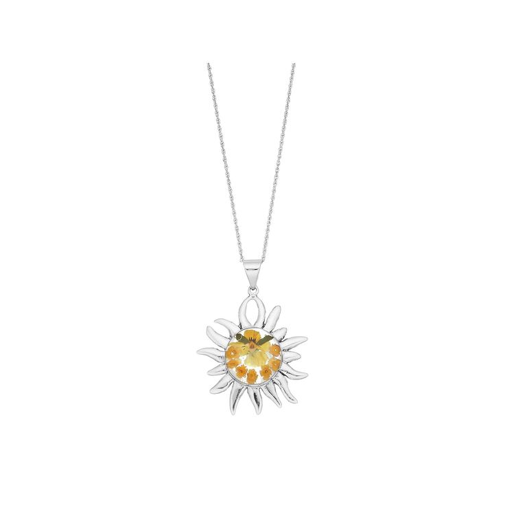 Made from dried, hand-pressed yellow flowers in resin, this unique pendant brings a ray of sunshine to your look.PENDANT DETAILS Pendant size: 1.95"L x 1.4"W Chain length: 18 in. Chain type: rope Clasp: lobster-claw Metal: sterling silver Plating: rhodium Size: 18". Gender: female. Age Group: adult. Flowers In Resin, A Ray Of Sunshine, Sun Pendant, Ray Of Sunshine, Resin Flowers, Unique Pendant, Pressed Flower, Pressed Flowers, Chain Lengths