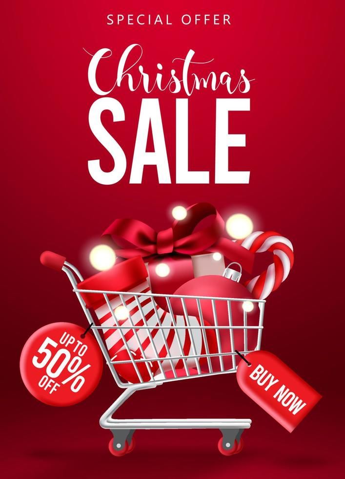 Christmas sale vector poster design. Christmas special offer promotion text with shopping cart elements for xmas holiday clearance design. Vector illustration. Christmas Sale Creative Ads, December Sales Flyer Design, Christmas Posters Design, Christmas Offer Poster, Clearance Sale Poster Design, Christmas Sales Flyer Design, Poster Christmas Design, Christmas Campaign Advertising, Christmas Promotion Ideas