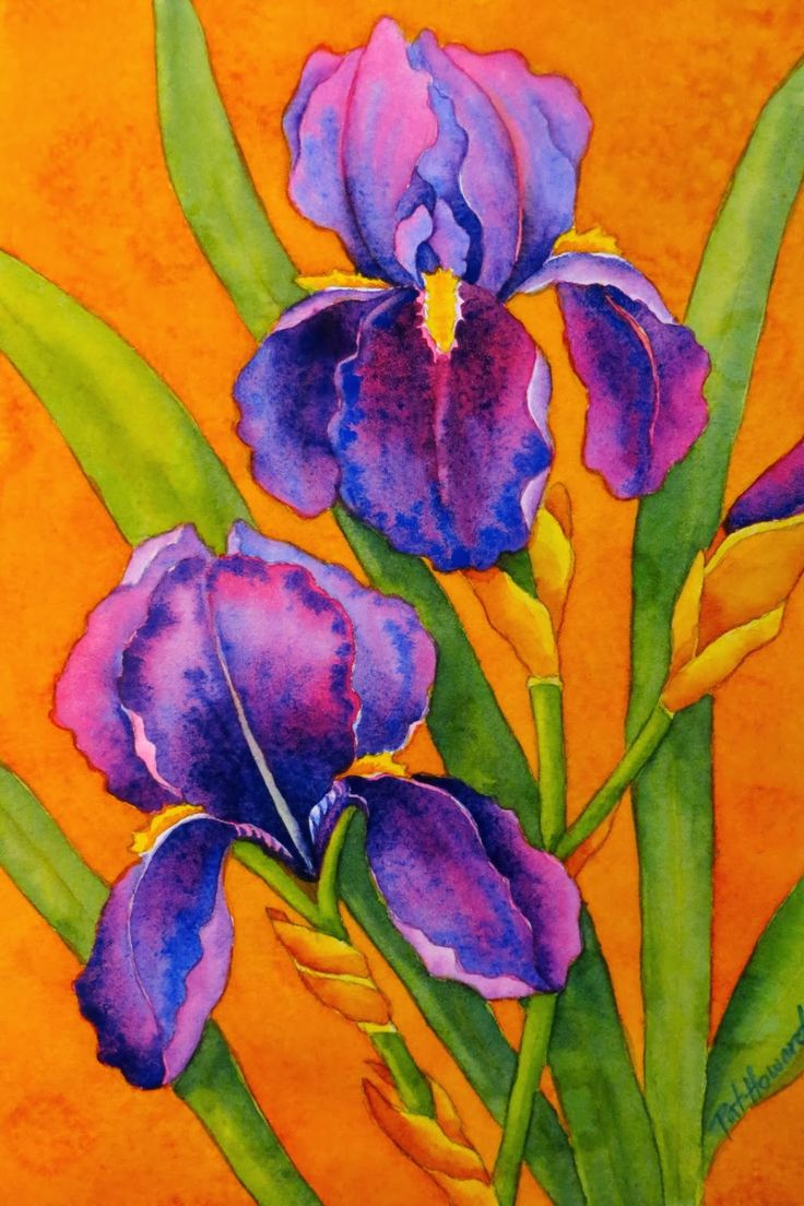 a painting of purple flowers on an orange background