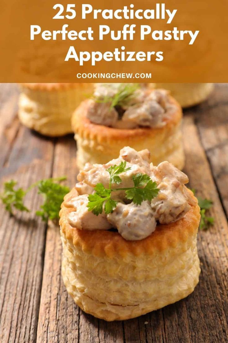 three small pastries on a wooden table with parsley