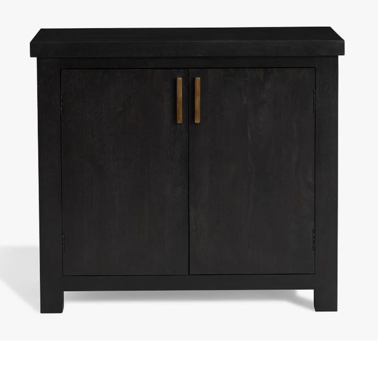 a black cabinet with two brass handles on the front and back doors, against a white background