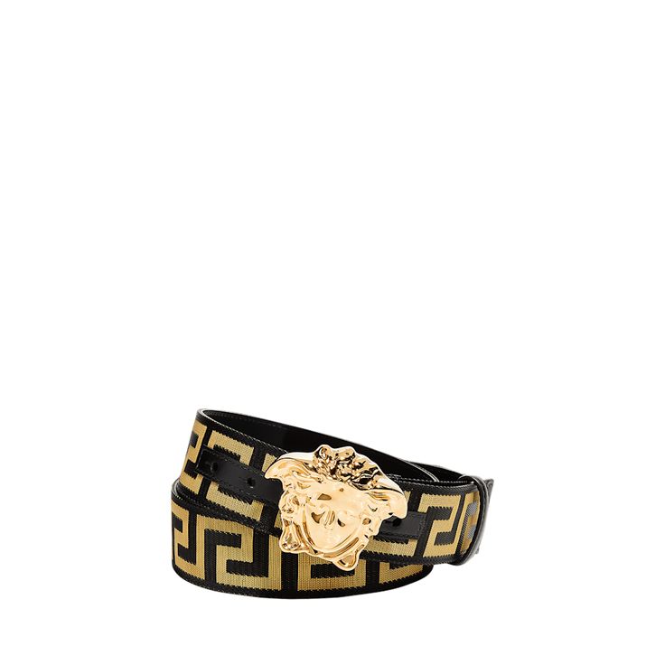 Greek key web nylon belt by Versace. Perfect for any occasion.  Tonal Medusa head buckle. Leather trim. Adjustable fit. Approx. 1.4"W Spot clean Made in Italy. Web Belt, Medusa Head, Belt Accessories, Greek Key, Versace Men, Mens Belts, Leather Trim, Leather Trims, Versace