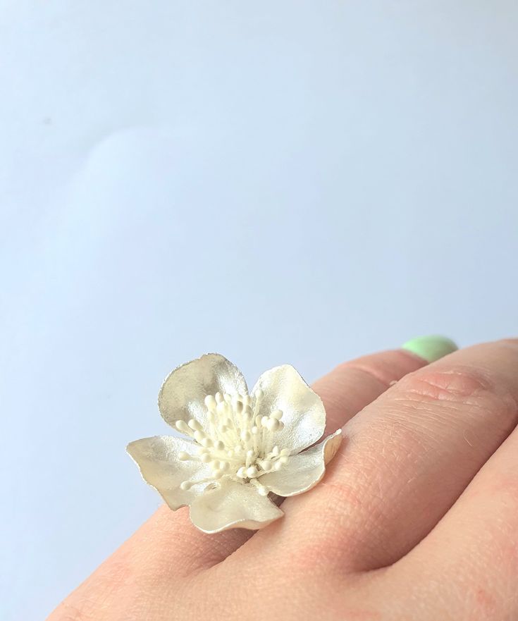 Cherry blossom of white pearly color ring Floral ring Gift for her Sakura ring Unique ring Sakura jewelry Flower ring Minimalist ring Delicate Spring Flower Ring, Feminine Blossom Jewelry For Spring, Delicate Spring Jewelry With 3d Flowers, Delicate Flower Ring For Spring Gift, Delicate Spring Flower Ring Gift, Delicate Spring Jewelry For Anniversary, Delicate Jewelry For Spring Anniversary, Delicate Jewelry For Anniversary In Spring, Adjustable Flower Ring For Spring Wedding