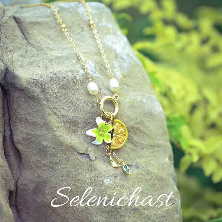 Lemon Flower Necklace; fruit jewelry; fashion styles Lemon Flower, Lemon Flowers, Lemon Quartz, Quartz Necklace, Strawberry Shortcake, Flower Necklace, Gold Finish, Favorite Outfit, 18k Gold