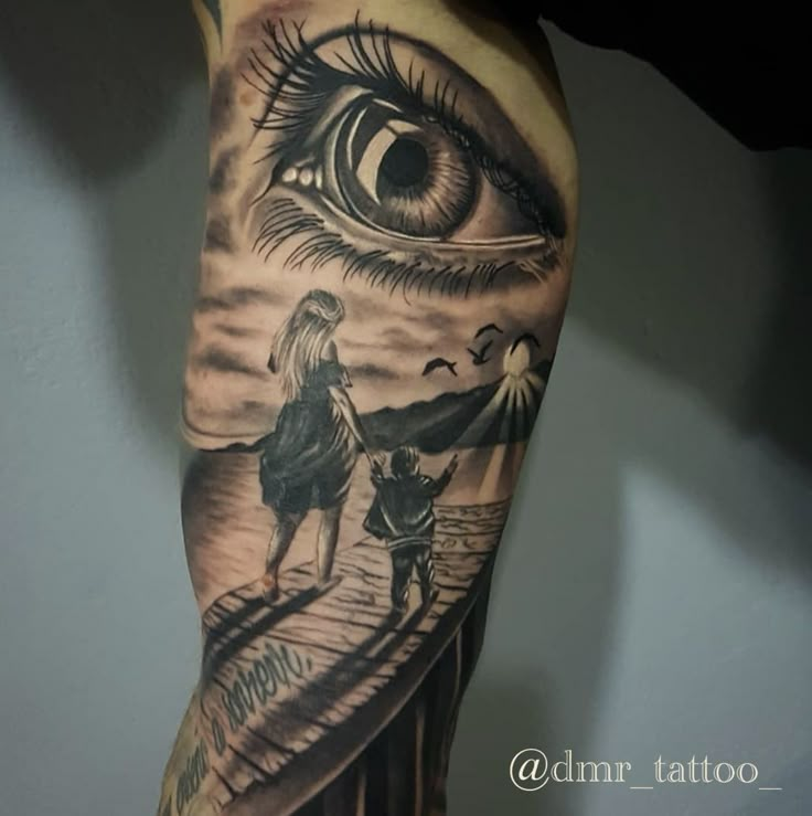 a man's arm with an all seeing eye tattoo on it and a woman riding a horse