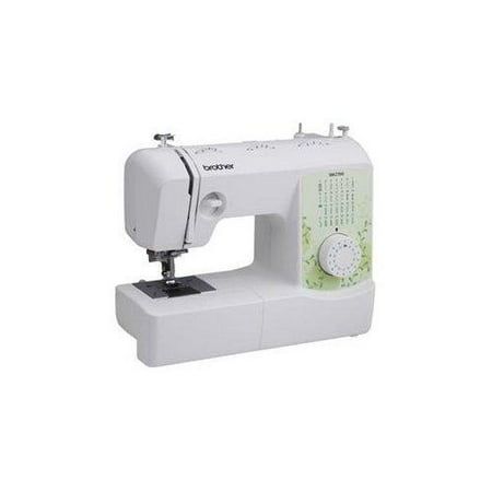 the sewing machine is white and has green buttons on it's front end,