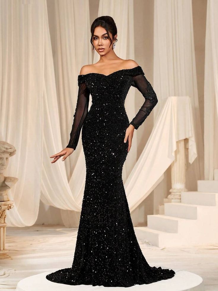 Faeriesty Off Shoulder Long Sleeve Sequin Mermaid Hem Formal Party Long Evening Gown Glittery Dress | SHEIN USA Glittery Black Formal Dress, Black Prom Dress With Long Sleeves, Black Formal Dress Long Classy Sequin, Sequin Dress Formal, Black Dress Formal Long Sleeve, Black Prom Gown Long Sleeve, Prom Sleeve Dress, Long Sleeve Matric Dance Dresses, Gala Winter Dress