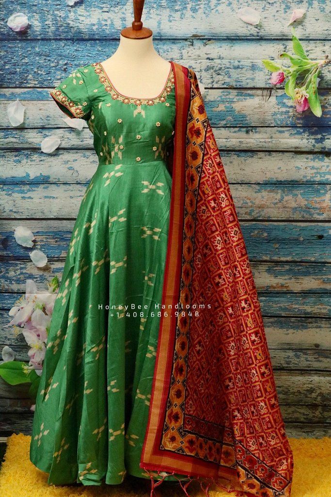 Ikkat,Indian Designer anarkali,Indian Stitched Dress for women, zardhosi maggam mirror work green Dress ,Indian Partywear patola Duppatta Ikkat Dresses Boutiques, Green Dress Indian, New Dress Design Indian, Stylish Kurtis Design, Ikkat Dresses, Designer Anarkali Dresses, Long Gown Design, Dress For, Anarkali Dress Pattern