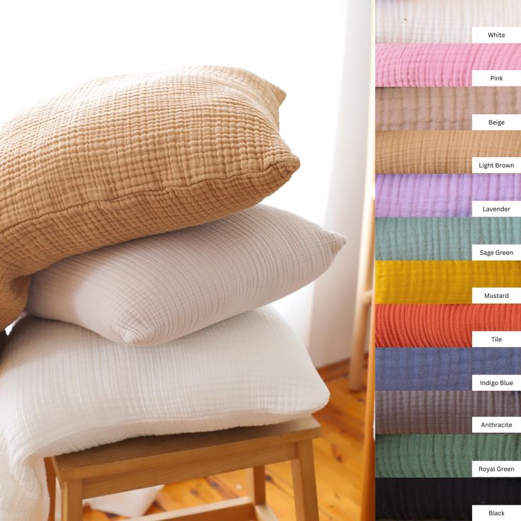 four pillows stacked on top of each other in different colors and sizes, along with the description chart