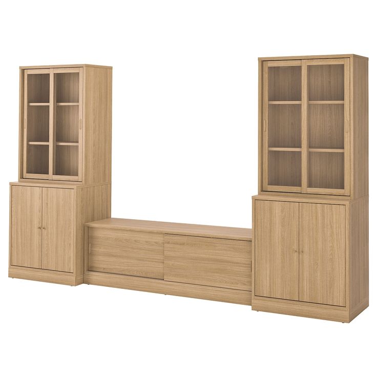 an image of a wooden furniture set with shelves and cupboards on the bottom shelf