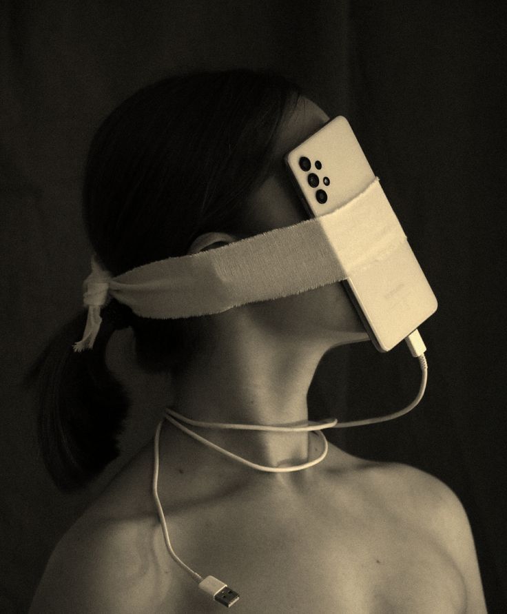 a woman wearing a blindfold with a cell phone attached to her head and an electronic device wrapped around her neck