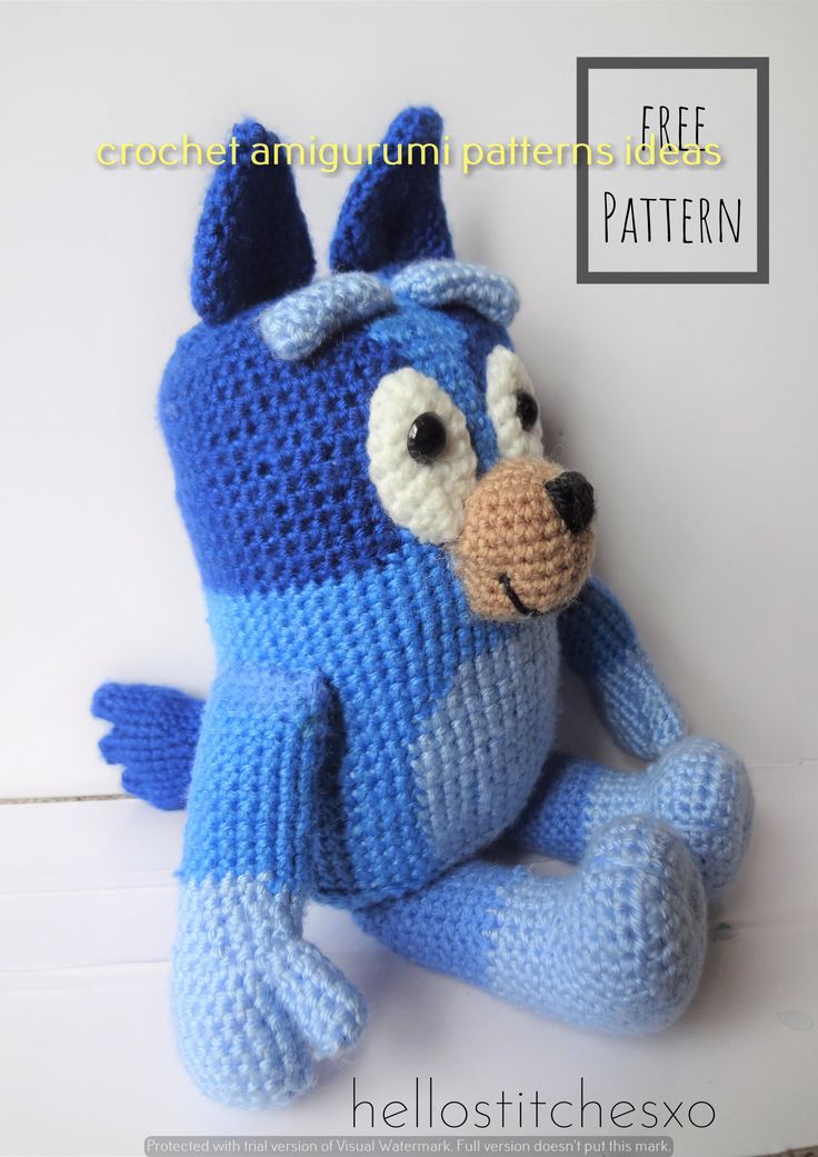 a crocheted blue stuffed animal sitting on top of a white surface with the caption free pattern