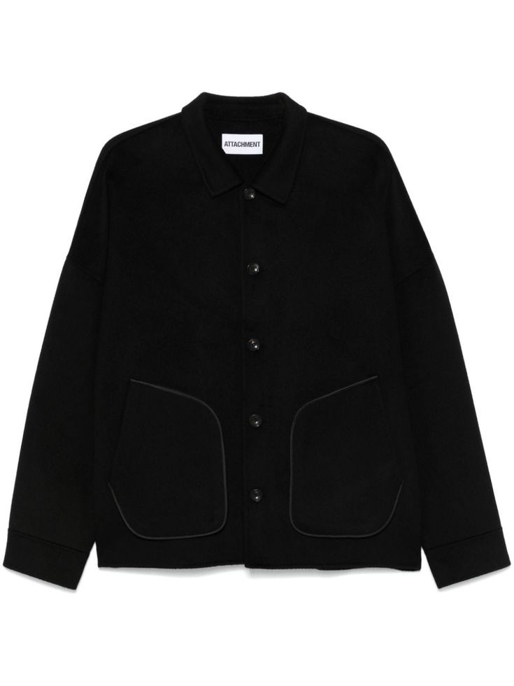 black wool-cashmere-silk blend front button fastening classic collar drop shoulder long sleeves buttoned cuffs two front patch pockets unlined straight hem