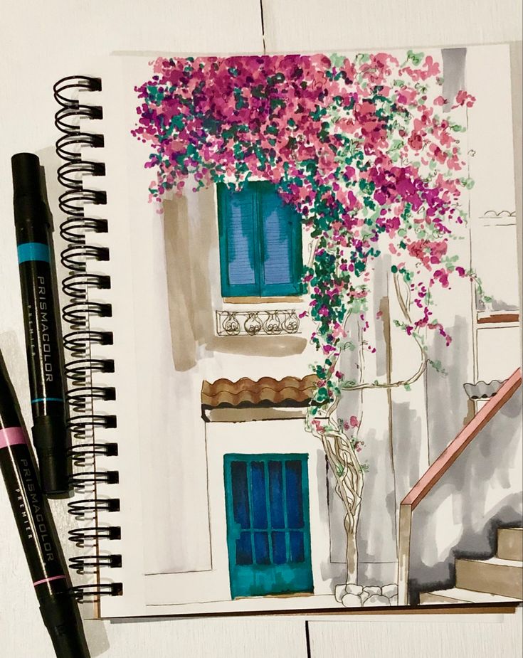 a drawing of a house with pink flowers on the window sill and blue shutters