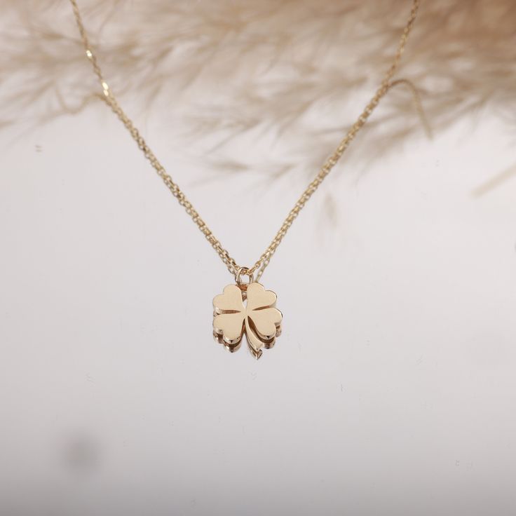 "14K Gold Clover Necklace, 14k Solid Gold Four Leaf Clover Necklace, Leaf Clover Pendant Jewelry, Gold Clover, Christmas Gift Our product weighs 1.45 gr and the chain length is 46 cm. All of our products has the stamp \"585\" on them. (which states that this is real gold) There may be +/- 0.15 change in gram information due to production. Your products will be shipped with free shipping UPS express within 1-3 business days. Quality control has been done. Our products are Anti Allergic. Your orde Rose Gold 14k Gold Charm Necklaces, Rose Gold 14k Gold Necklaces With Charms, Rose Gold 14k Gold Charms Necklace, Elegant Gold Jewelry For Good Luck, Good Luck Pendant Jewelry Stamped 14k, Good Luck 14k Stamped Pendant Jewelry, White Gold Necklaces With Charms In 14k Gold, White Gold 14k Charms Necklace, Dainty Yellow Gold Jewelry For Celebration