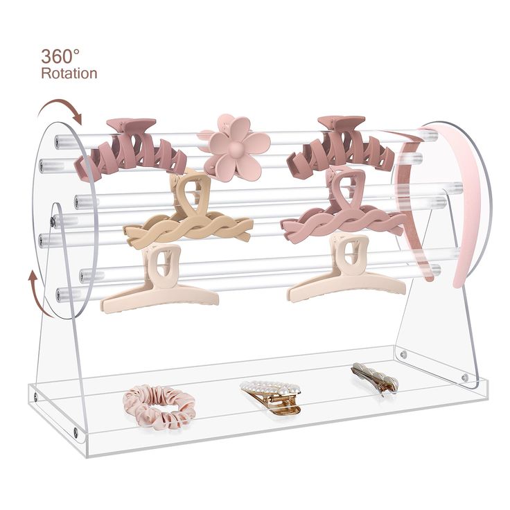 PRICES MAY VARY. 🎀Efficient Organization: Our Acrylic Claw Clip Organizer features a 360-degree rotation design, allowing smooth rotation to conveniently access your assortment of claw clips. Perfect for keeping your hair accessories neatly organized. 🎀Optimized Storage: This Hair Clip Organizer is crafted from transparent and durable acrylic, featuring 7 rows capable of holding 2-3 claw clips per row. Additionally, it offers extra storage at the bottom for storing jewelry, watches, and access Storage For Hair Clips, Hair Clip Storage Ideas, Hair Claw Organizer, Hair Tool Organization, Claw Clip Organization, Claw Clip Storage, Hair Clips Organizer, Claw Clip Organizer, Hair Clip Storage