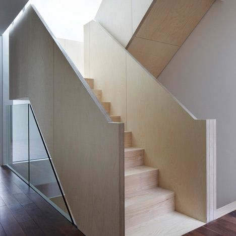 Residential Architecture: Wakefield Street Townhouses by Piercy & Company: “..These London townhouses by architects Piercy & Company have chunky banisters formed from thickly layered birch plywood..The stairs zigzag up from the basement floor to the second floor roof terraces of each of the three residences, which are located behind a listed wall within the conservation area of Bloomsbury. Plywood Stairs, Contemporary Townhouse, Bespoke Staircases, Timber Stair, Street Townhouse, Plywood Interior, London Townhouse, Open Staircase, Stair Handrail