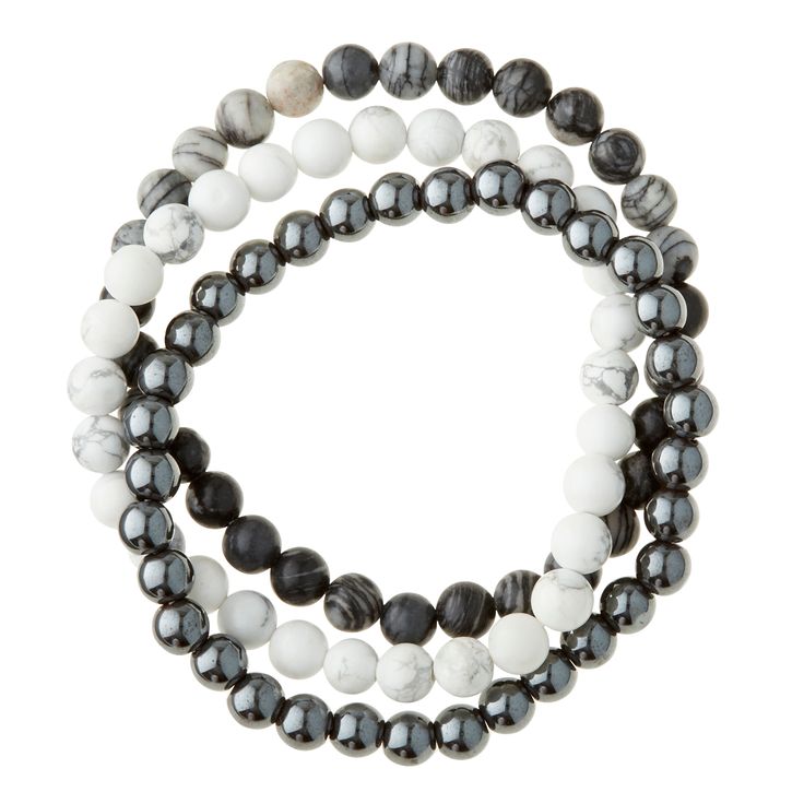 "Purchase the Signature Color Shop White Howlite Bracelets By Bead Landing™ at Michaels. com. Give your wrist a pretty makeover with these bracelets by Bead Landing. Give your wrist a makeover with these bracelets by Bead Landing. You can flaunt these bracelets as is, or clip on some metal and enamel charms for a personalized style. Details: Black and white 7\" 3 bracelets White howlite, hematite and network stone Semi-precious stone and natural shell | Signature Color Shop White Howlite Bracele Fluorite Bracelet, Chainmail Bracelet, Bead Landing, Lovers Bracelet, Howlite Bracelet, Orange Agate, Open Cuff Bracelet, Hematite Bracelet, Handcrafted Bracelets