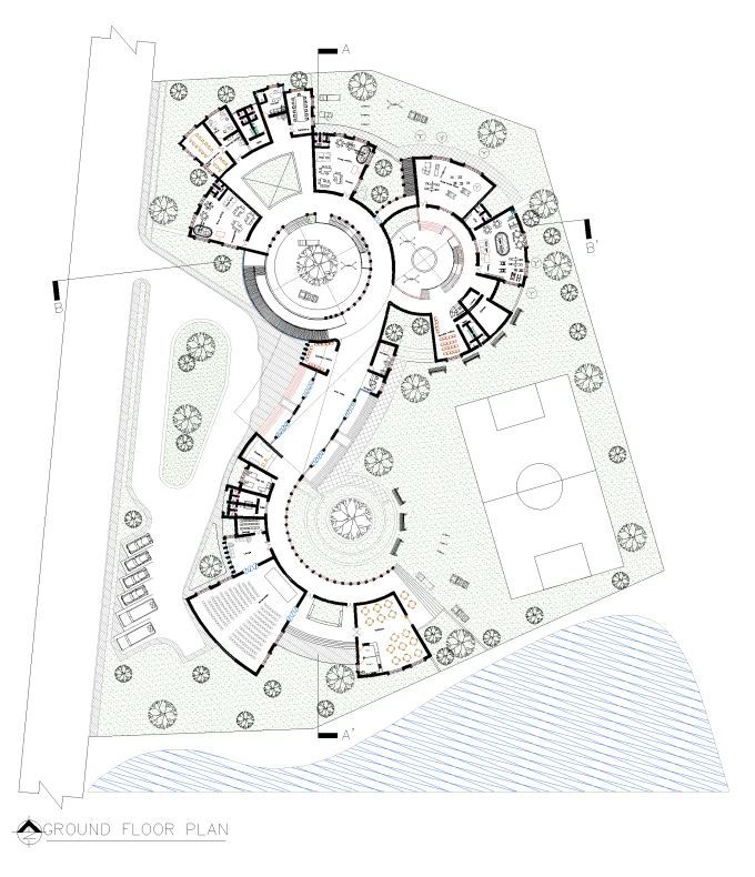 an architectural drawing shows the ground plan for a circular house, which is surrounded by trees and