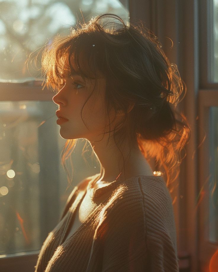 a woman standing in front of a window with her hair blowing in the wind and sun shining through