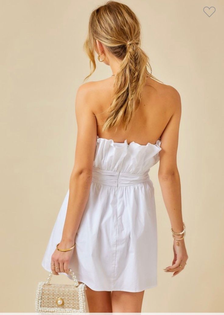 Ruched strapless poplin mini dress. Perfect for spring and graduation! Ruched Strapless Sundress For Day Out, Day Out Ruched Strapless Sundress, Strapless Summer Mini Dress With Smocked Back, Strapless Mini Dress With Smocked Back For Summer, Brunch Sundress With Ruched Detail, Sundress With Ruched Detail For Brunch, Strapless Mini Sundress For Day Out, Strapless Mini Dress With Smocked Back For Brunch, Ruched Strapless Dress For Day Out